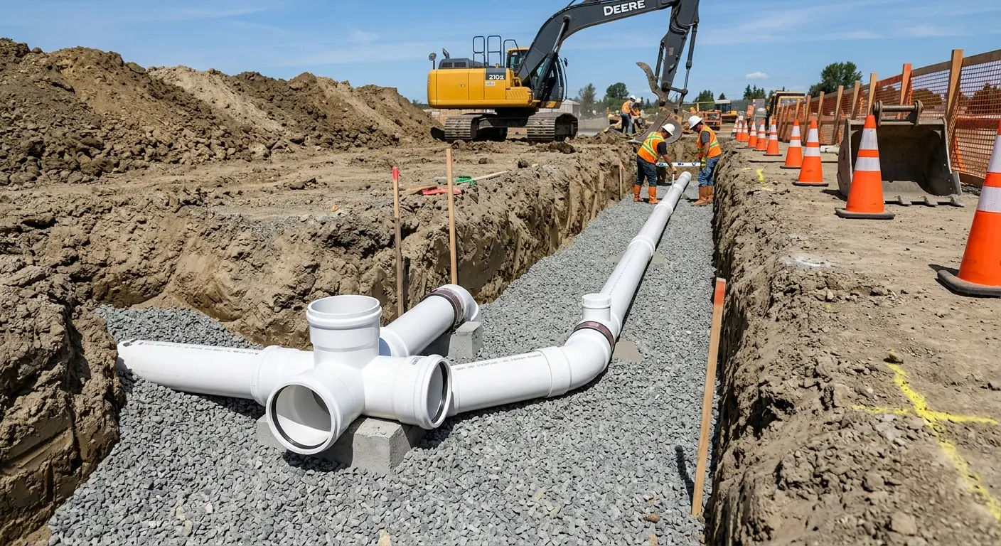 New PVC sewer pipe installation in open trench for Sewer Backup in Gettysburg