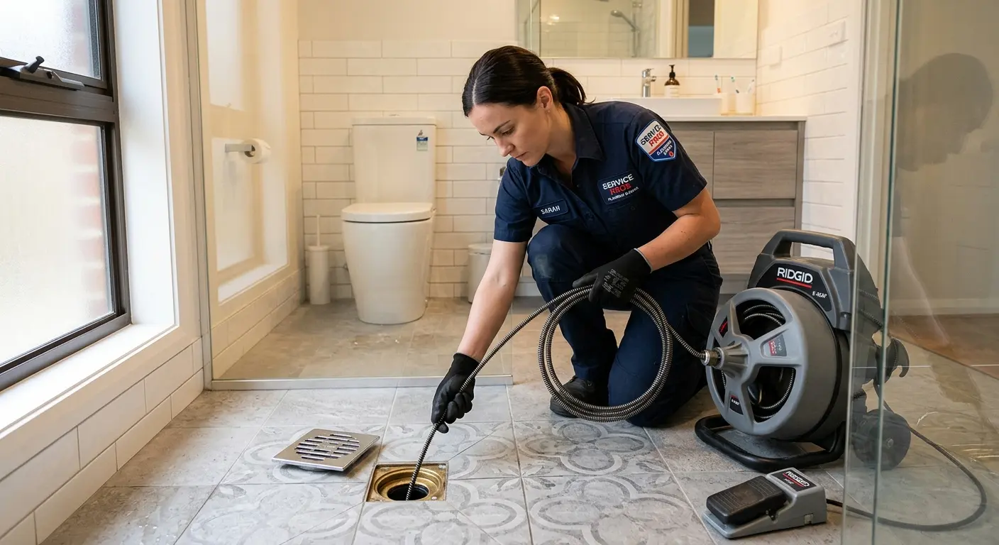 Technician clearing a bathroom floor drain for Sewer Line Replacement in Gettysburg